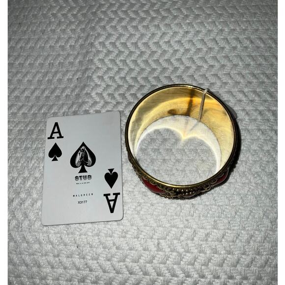 Iris Apfel & Bajalia Gold Cuff Bracelet Red Cabochons Tribal Coin Detailing - Picture 4 of 6